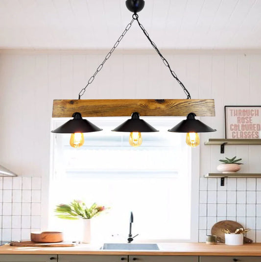 Rustikale Pendelleuchte 3 Lampen Holz und Schwarz