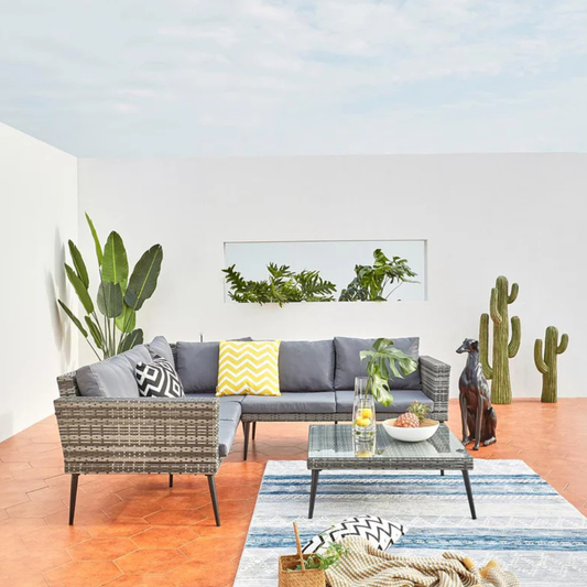 Gartensofa niedrig 5 Plaetze aus geflochtenem Kunstharz grau